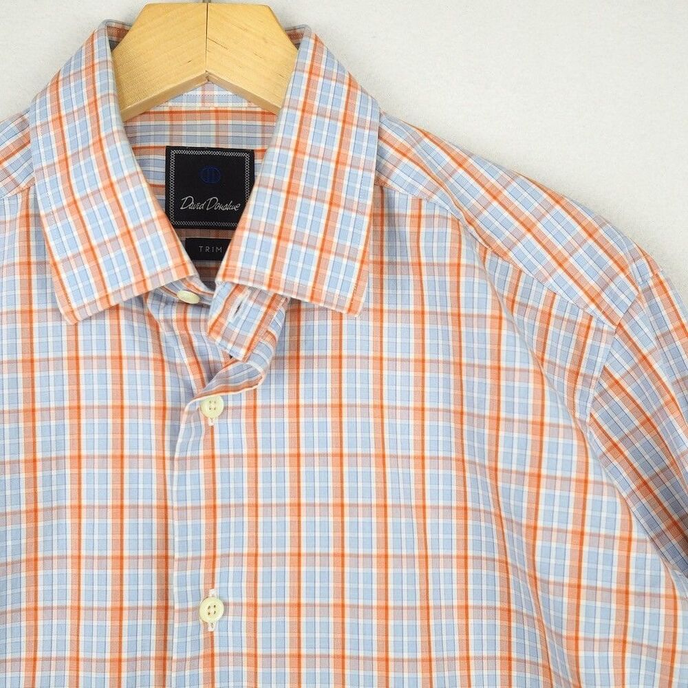 David Donahue Plaid Check Dress Shirt Mens 16 32/33 Coral Pink Blue Trim Fit